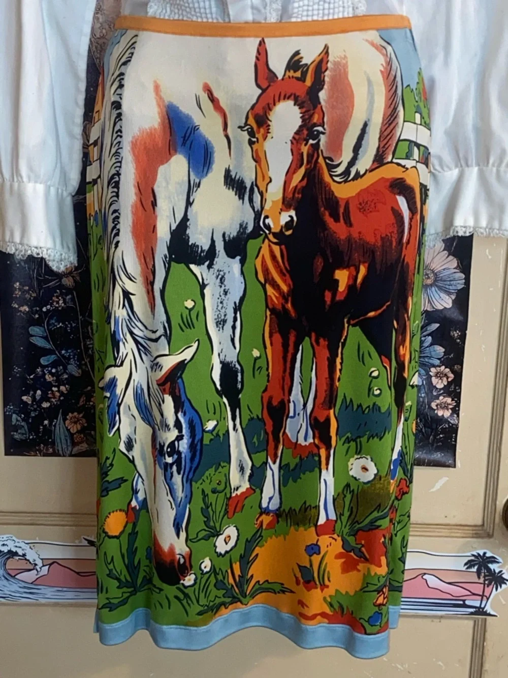 ILLIG HORSES SKIRT Vintage Silk Mother & Colt - Picture 2 of 5